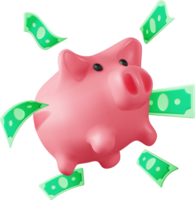 3D Piggy Bank with Dollars png