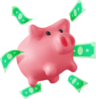 3d cerdito banco con dolares png