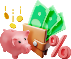 3d Schweinchen Bank mit Münzen und Brieftasche png