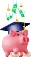 3D Piggy Bank with Graduation Cap, Diploma, Coins png