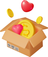 3D Cardboard Box with Gold Coins and Hearts png