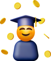 3d content souriant émoticône dans diplômé casquette dans pièces de monnaie png