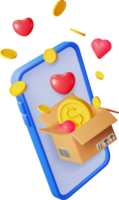 3D Box with Gold Coins and Hearts in Phone png