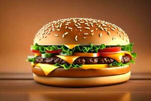 AI generated a hamburger is shown on a wooden table photo