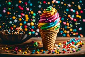 AI generated an ice cream cone with rainbow sprinkles and colorful sprinkles photo