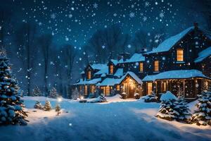 ai generado un casa en el nieve con luces en foto