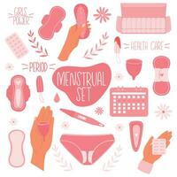 Menstrual set with feminine hygiene products. Menstrual cycle. Period. Zero waste objects. vector