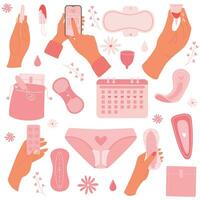 Set of women menstrual cycle. Menstruation theme. Period. Various menses products. Zero waste objects. vector