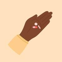 African american black female hand holding pills. Drugs, vitamins in hand. Patient taking medicines. Vector