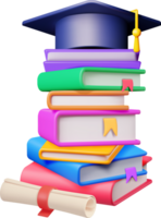 3D Graduation Cap with Diploma and Pile of Books png
