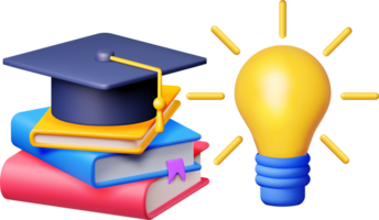 3D Light Idea Bulb with Graduation Cap and Books png