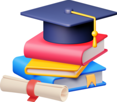 3D Graduation Cap with Diploma and Pile of Books png