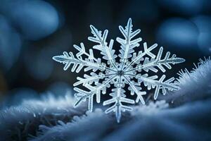 ai generado un copo de nieve es mostrado en un azul antecedentes foto