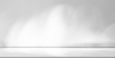 antecedentes blanco pared estudio habitacion vacia cocina pared con sombra suave en mesa parte superior superficie textura, panorámica fondo escena hormigón habitación monitor con luz de sol para verano primavera cosmético producto presente foto