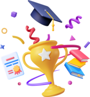 3D Gold Trophy, Books Stack and Graduation Cap png