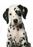 AI generated Cute Dalmatian Puppy Tilting Head in Close-up Portrait on White Background photo