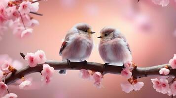 ai generado dos pequeño aves en el rama en un jardín foto