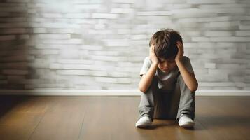 AI generated Sad little boy with mental trauma sitting on floor. photo