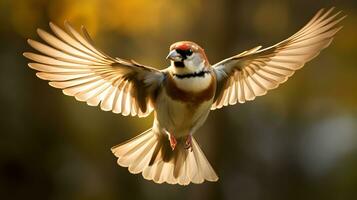 AI generated Tree sparrow resting on the branch in a garden photo