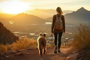 ai generado joven ajuste mujer caminando perro en montañas foto
