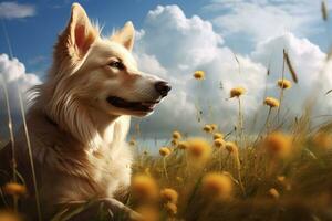 AI generated Dog Lying in Flower Field With Happy Expression photo