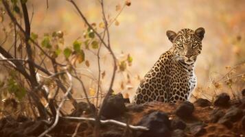 ai generado leopardo gato en soñador africano safari escena foto