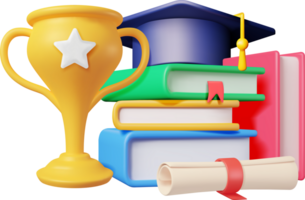 3D Gold Trophy, Books Stack and Graduation Cap png