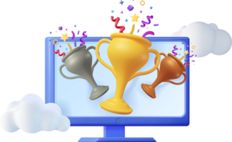 3d Gewinner Computer mit Gold Trophäe und Konfetti png