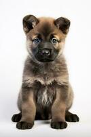 ai generado adorable akita - de pura raza, joven blanco perro sentado y frente a adelante foto