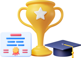 3D Gold Trophy, Diploma and Graduation Cap png