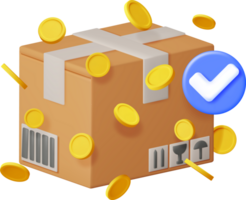 3D Cardboard Box with Gold Coins and Checkmark png