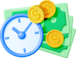 3D Clock with Dollar Banknotes and Coins png