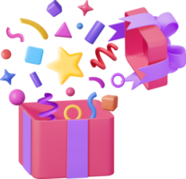 3d ouvert cadeau boîte avec chute confettis png