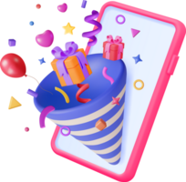 3D Party Popper with Confetti on Mobile Phone png