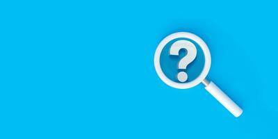 Magnifying glass and question mark icon symbol on blue background with copy space. photo