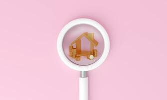 Growing demand for housing and real estate. Magnifying glass looking for golden house photo