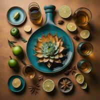 AI generated Flat lay of tequila, lemon, anise and succulent plant. generative ai photo