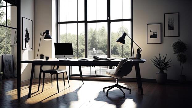 AI generated Modern office interior with furniture and city view. generative ai photo