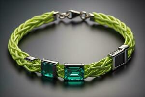 AI generated Fashion Bracelet with emeralds on a black background. generative ai photo