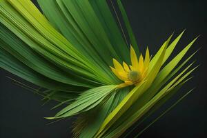 AI generated Beautiful yellow flower on green palm leaves isolated on black background. generative ai photo