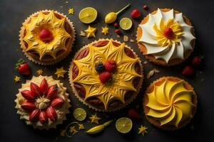 AI generated Cupcakes decorated with fresh berries and lemon on a dark background. generative ai photo