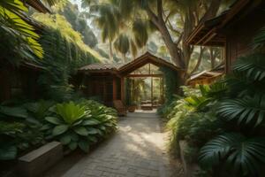 AI generated Beautiful tropical garden with palm trees and wooden gazebo. generative ai photo