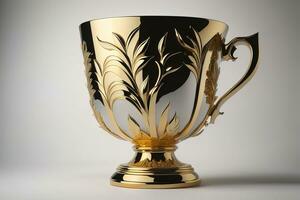 AI generated Golden trophy cup on wooden table. Award concept. ai generative photo