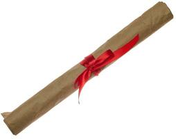 A roll of brown craft paper tied with a red ribbon photo