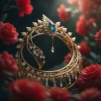 AI generated Golden ring with precious stones on black background with red flowers, closeup. generative ai photo