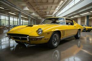 ai generado Clásico amarillo americano coche en exposición salón. lado vista. generativo ai foto