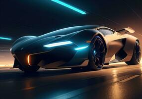 AI generated Futuristic black sports car in neon light. ai generative photo