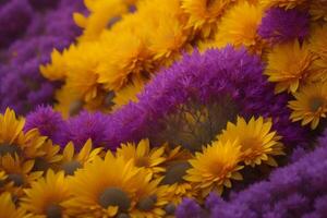 AI generated Close up of yellow and purple flowers in a bouquet. Colorful background. generative ai photo