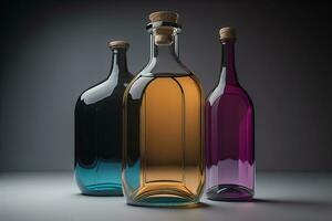 AI generated Bottle with a liquid on a solid color background. ai generative photo