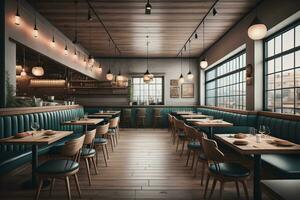 AI generated Interior of a modern cafe with blue walls and wooden floor. ai generative photo